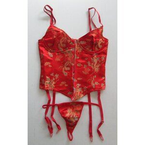 Red Asian Themed Satin Jacquard Corset Bustier Set - NEW